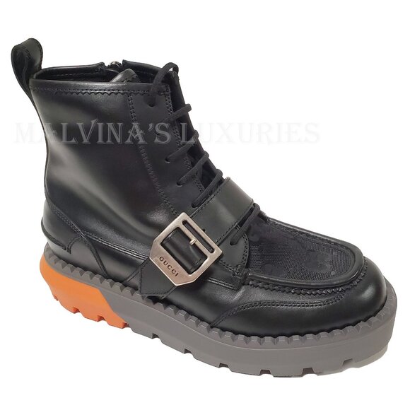 GUCCI BOOTS MENS GG LOGO CANVAS BLACK LEATHER LACE UP ANKLE sz 8 8.5 US - Picture 8 of 16